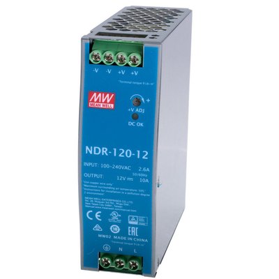 Імпульсне джерело живлення для монтажу на DIN-рейку NDR-120-12 AC/DC, 120 Вт, 12 В, 10 А (арт. NDR-120-12) 00000009528 фото