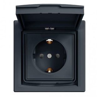 РОЗЕТКА З/З, КРИШКОЮ ТА ШТОРКАМИ В СУЦІЛЬНОМУ КОРПУСІ З РАМКОЮ IP44 ASFORA АНТРАЦИТ (арт. EPH3100371) 00000007869 фото