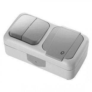 Выключатель 2 + Розетка с/з PALMIYE IP54 (серый) 10шт/уп. (ст. 90555582) 00000001515 фото