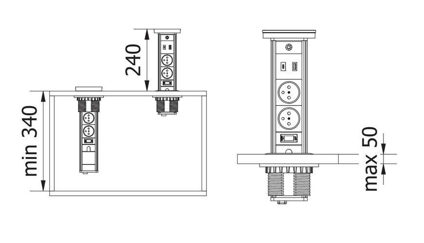 Удлинитель GTV CAMINO 100мм 2 розетки SCHUKO USB A+C QC WC 10W провод 1,5м Черный (арт. AE-BPW2sCAM-20) 00000019816 фото