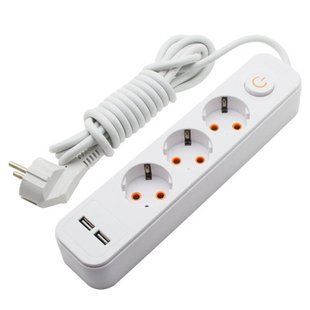 Подовжувач біл. 3 гн. 3м з 2*USB (2100mA) з/з 3x1.0mm макс. 3500W з кнопкою Lemanso/LMK71006 00000025179 фото