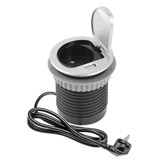 Подовжувач для офісу CHARGER MINI 60mm, 1 розетка SCHUKO, 1xUSB 2,4A, провід 1,9m, алюміній 00000008654 фото