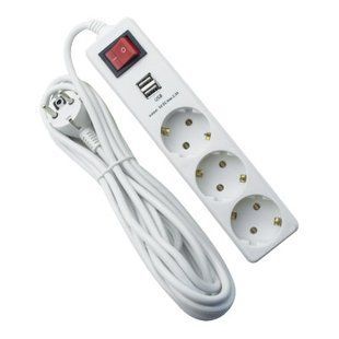 Подовжувач біл. 3 гн. 5м з 2*USB (2100mA) з/з 3x0.75mm макс 2500W з кнопкою Lemanso/LMK71001 00000025180 фото