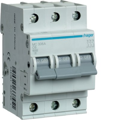 MC306A 3mod. Автоматичний вимикач In=6 А, 3п, С, 6 kA, 3м 00000004205 фото