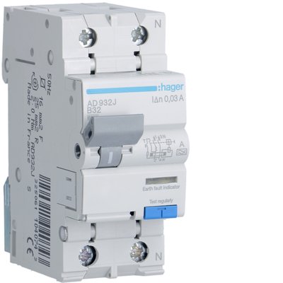 AD932J Диференційний автоматичний вимикач 1+N, 32A, 30 mA, B, 6 КА, A, 2м 00000012980 фото