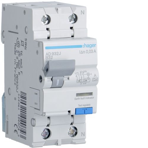 AD932J Диференційний автоматичний вимикач 1+N, 32A, 30 mA, B, 6 КА, A, 2м (арт. AD932J) 00000012980 фото